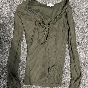 Elegant Olive Lace-Up Long Sleeve Top